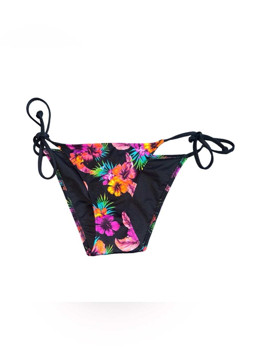 PINK Victoria's Secret Black Tie-Side Bikini Bottom with Neon Floral